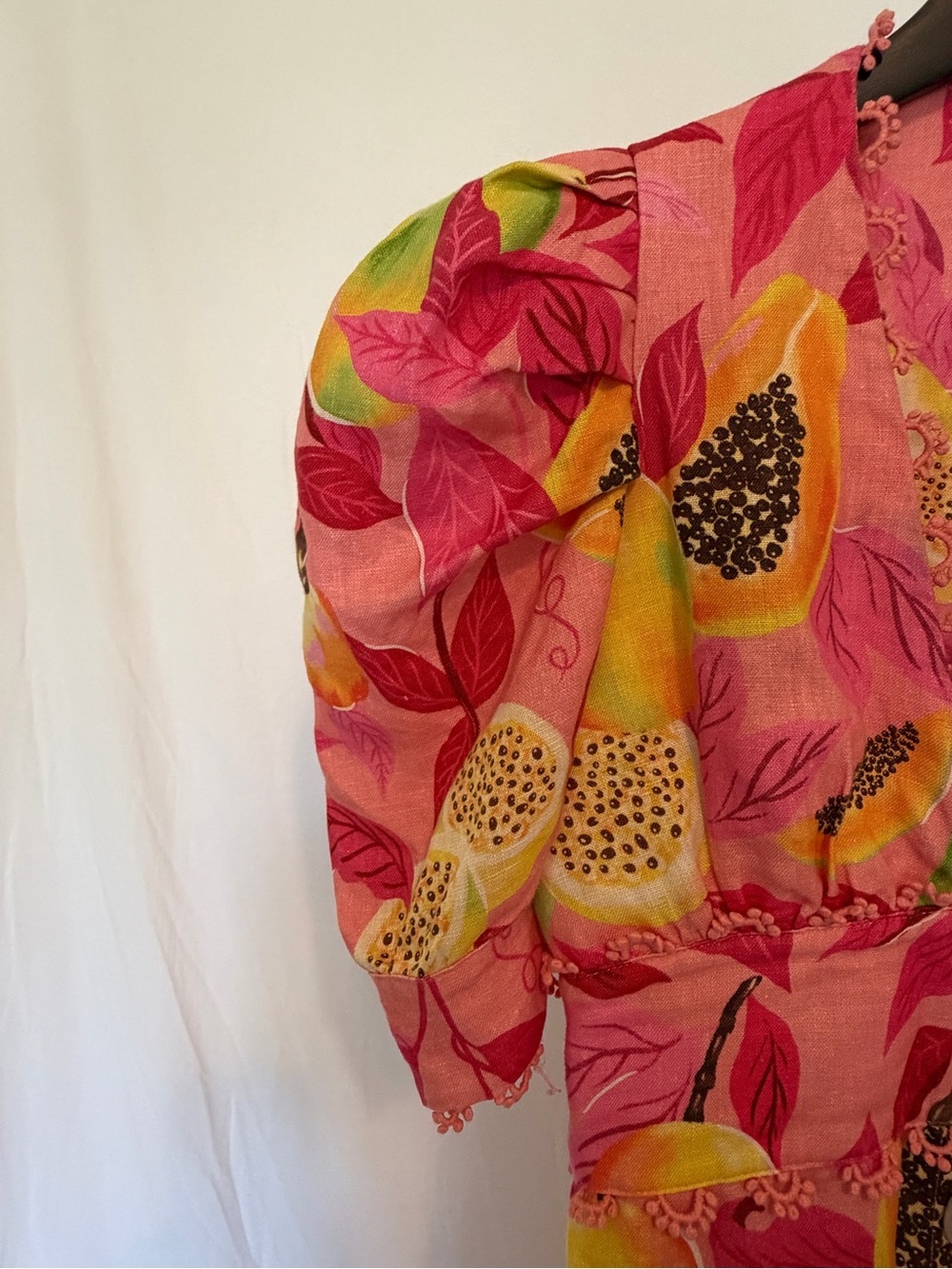 Farm Rio Pink Tropical Fruit Print Linen Blend Midi Dress XS Puff Sleeve READ - Picture 5 of 14